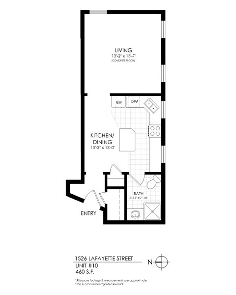 Floor plan for studio, 1 bath, 590 sqft